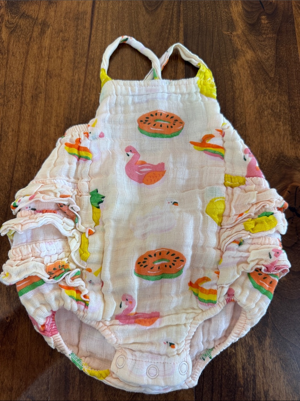 Angel Dear Soft Pink Muslin Romper with Tropical Print